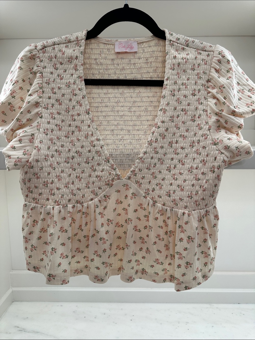 Pink Lily small Cream Floral Smocked Peplum Top.  Like new